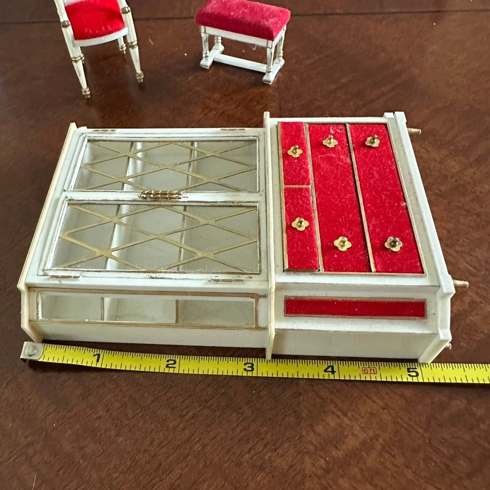 Vintage Miniature Dollhouse Furniture Set Red Velvet White Gold Hutch Chairs 4pc